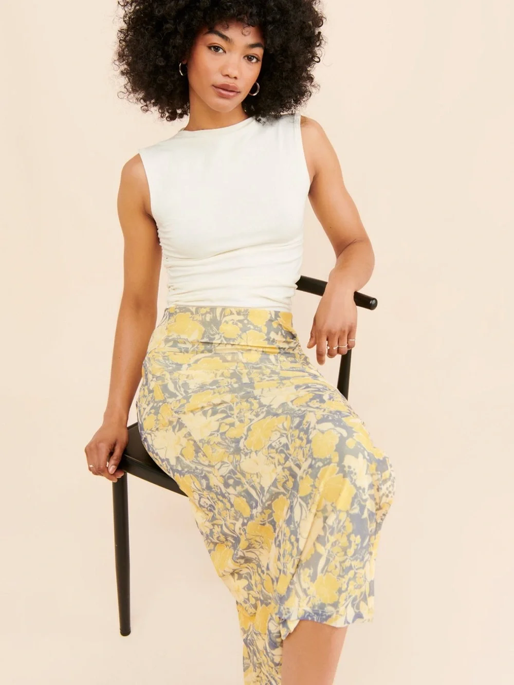 Free People Rosalie Yellow and Gray Floral Mesh Midi Pencil Skirt with Side Slit